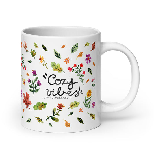 Cozy Vibes Mug ☕ | Hand - Lettered Quote + Watercolor Autumn Leaves & Florals - SANDRAAS