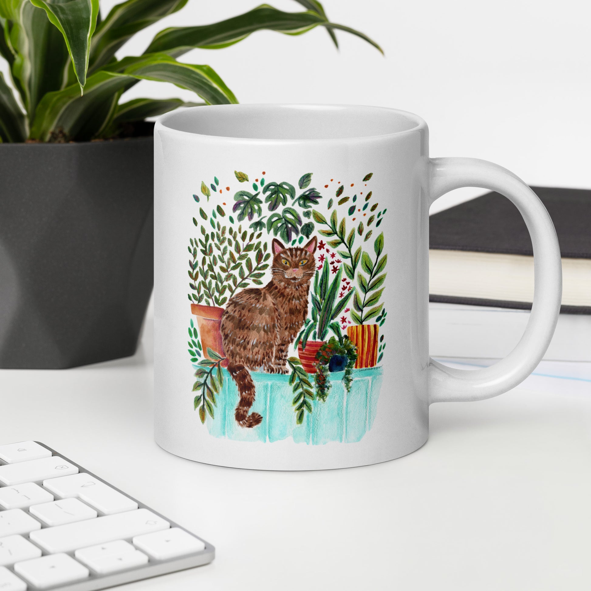 White Glossy Mug – Cat in the Window 🐱🌿 | Cozy Watercolor Mug for Cat Lovers & Plant People - SANDRAAS