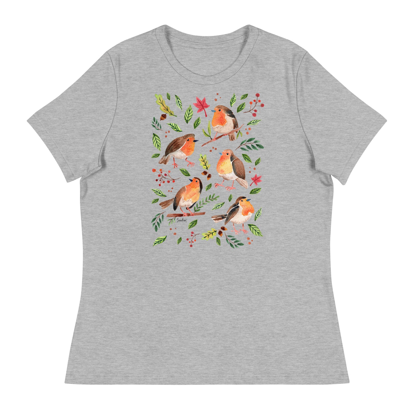 Women’s Relaxed T-Shirt – Robins Watercolor 🐦🍃 | Nature - Inspired Bird Illustration Tee - SANDRAAS