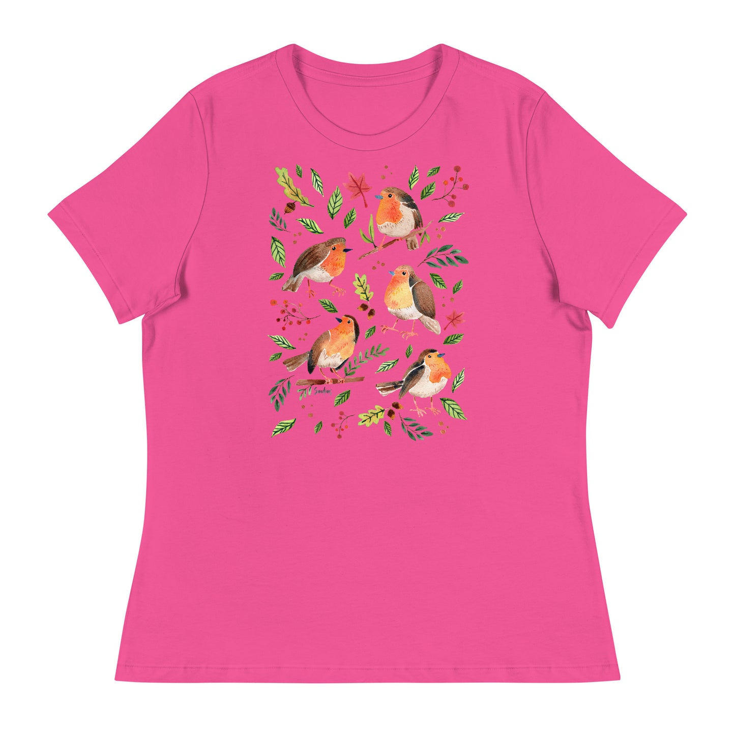 Women’s Relaxed T-Shirt – Robins Watercolor 🐦🍃 | Nature - Inspired Bird Illustration Tee - SANDRAAS