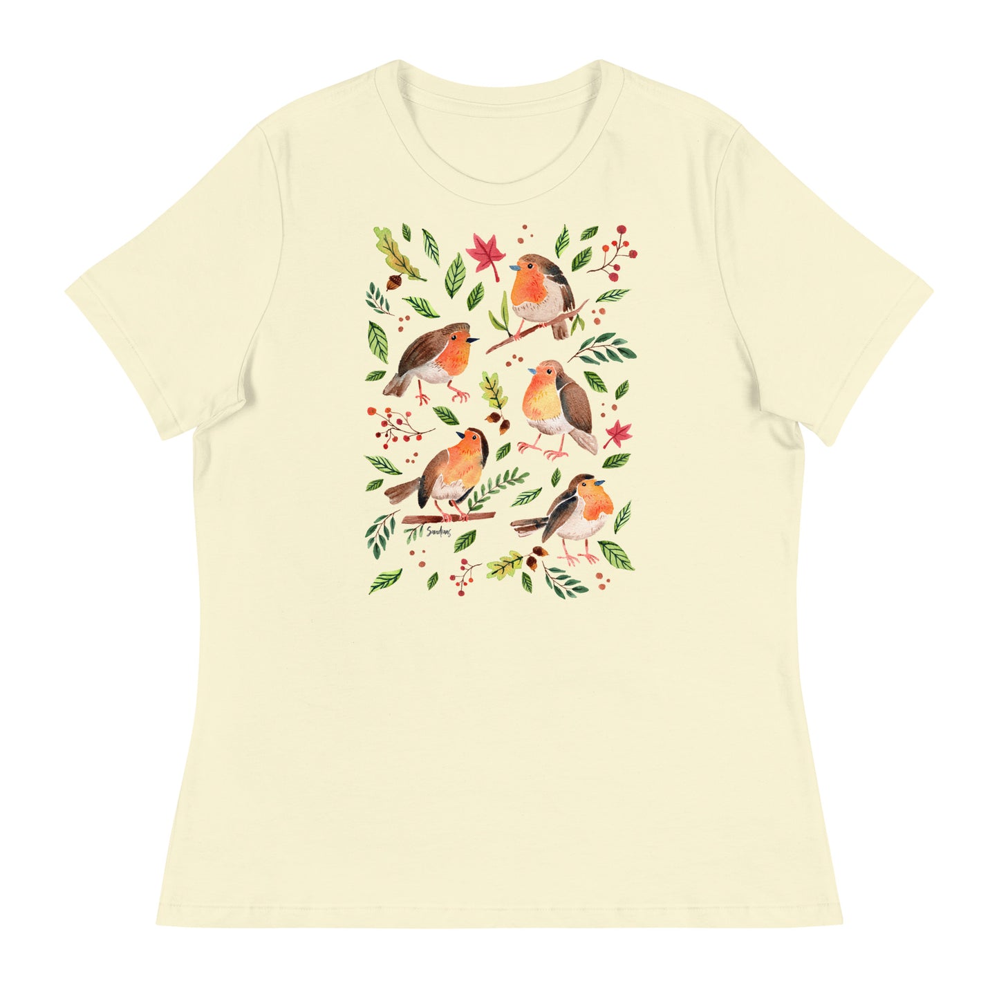 Women’s Relaxed T-Shirt – Robins Watercolor 🐦🍃 | Nature - Inspired Bird Illustration Tee - SANDRAAS