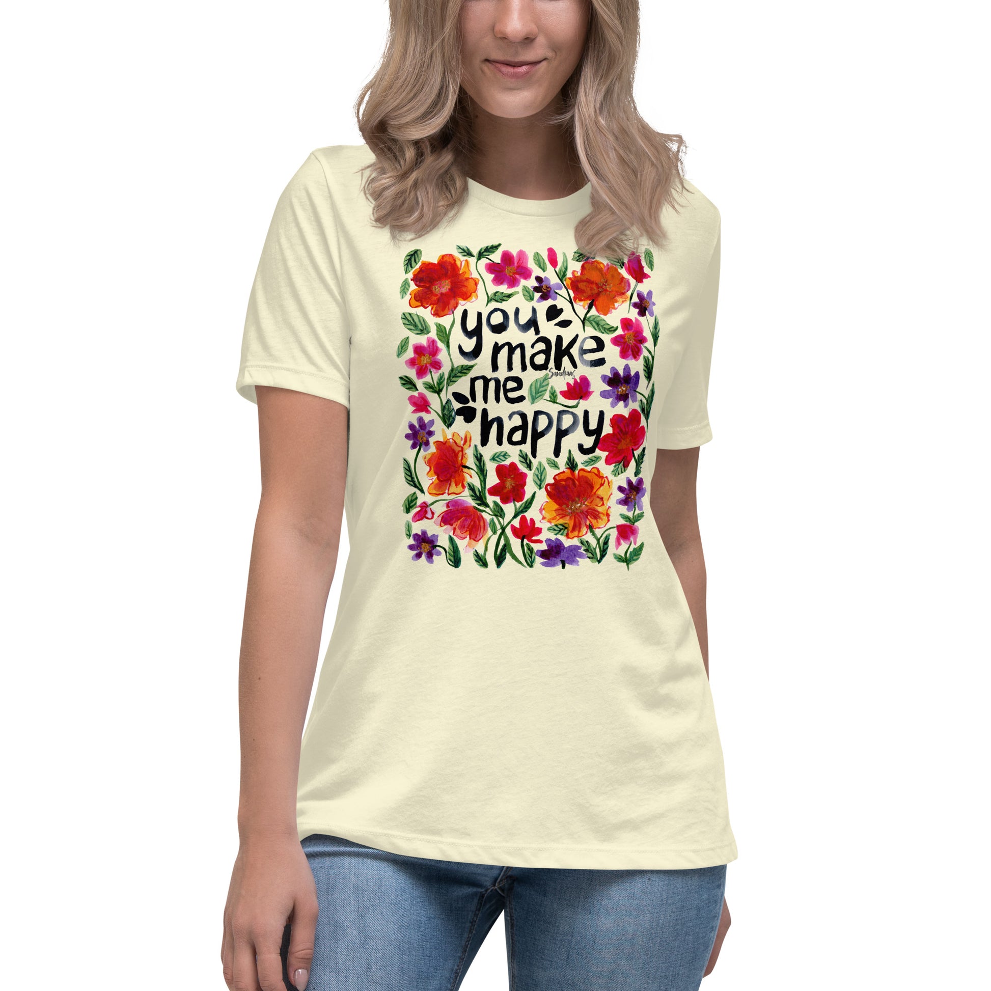 🌸 Women’s Relaxed T-Shirt – You Make Me Happy (Florals) 💕👕 - SANDRAAS
