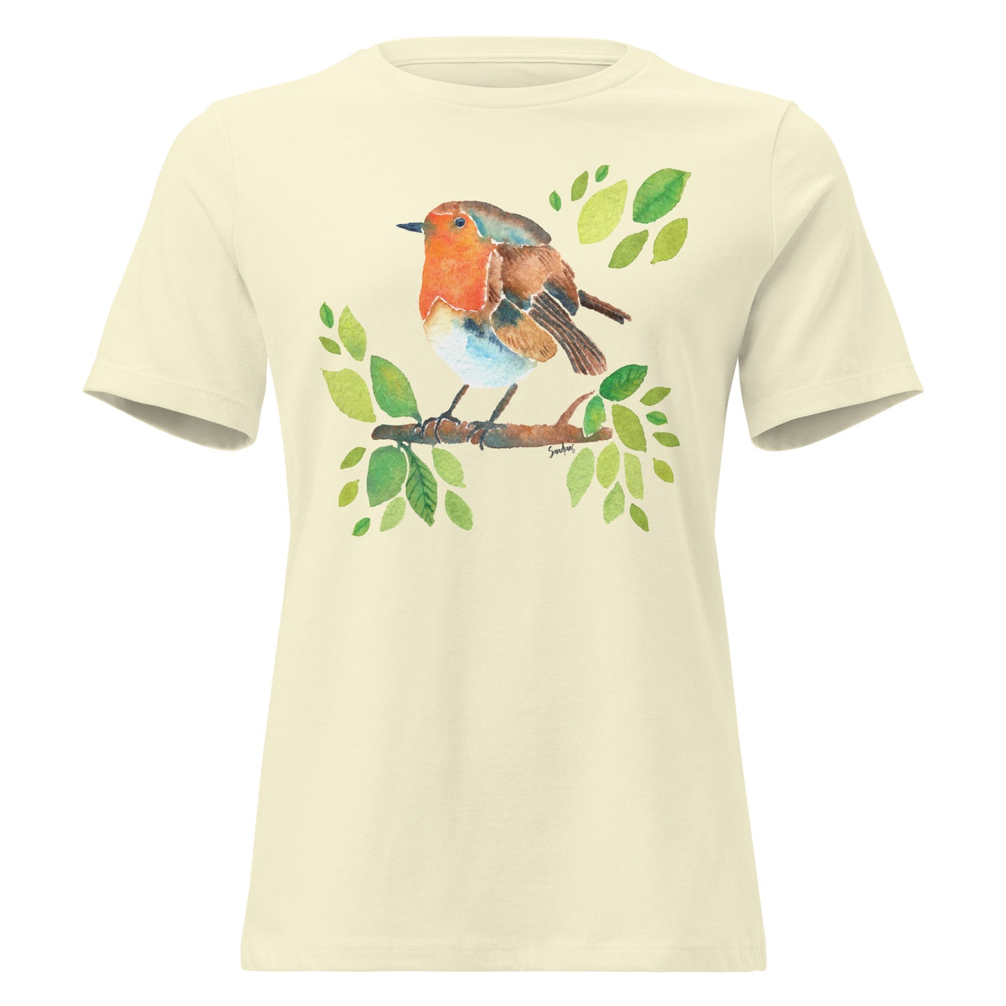 Women’s Relaxed T-Shirt – Watercolor Robin 🐦 | Nature - Inspired Bird Illustration Tee - SANDRAAS