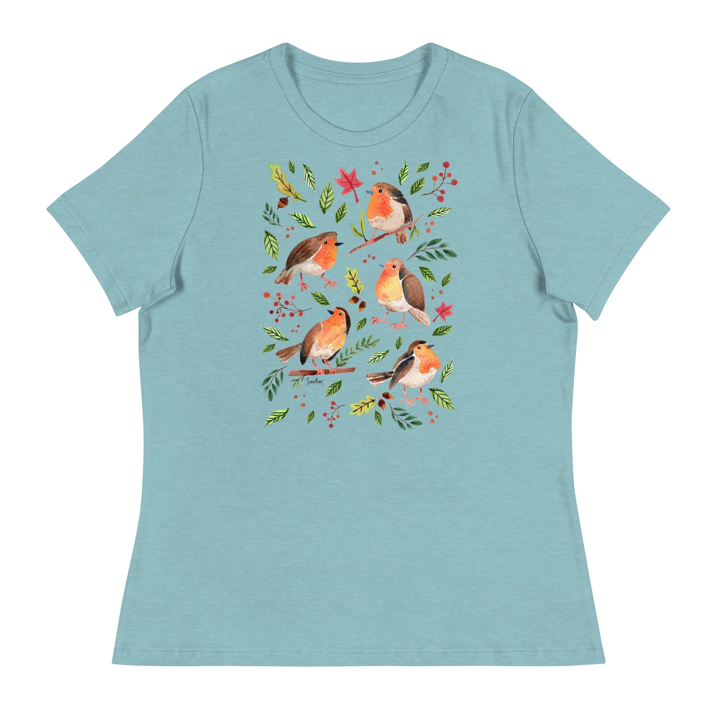 Women’s Relaxed T-Shirt – Robins Watercolor 🐦🍃 | Nature - Inspired Bird Illustration Tee - SANDRAAS