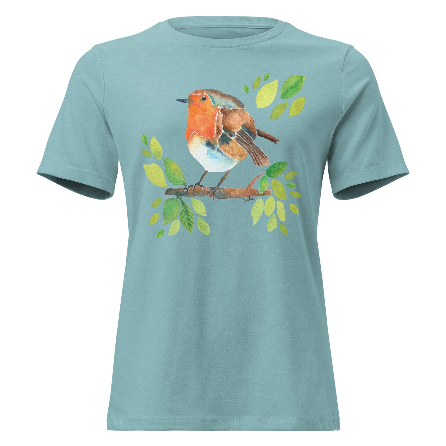 Women’s Relaxed T-Shirt – Watercolor Robin 🐦 | Nature - Inspired Bird Illustration Tee - SANDRAAS