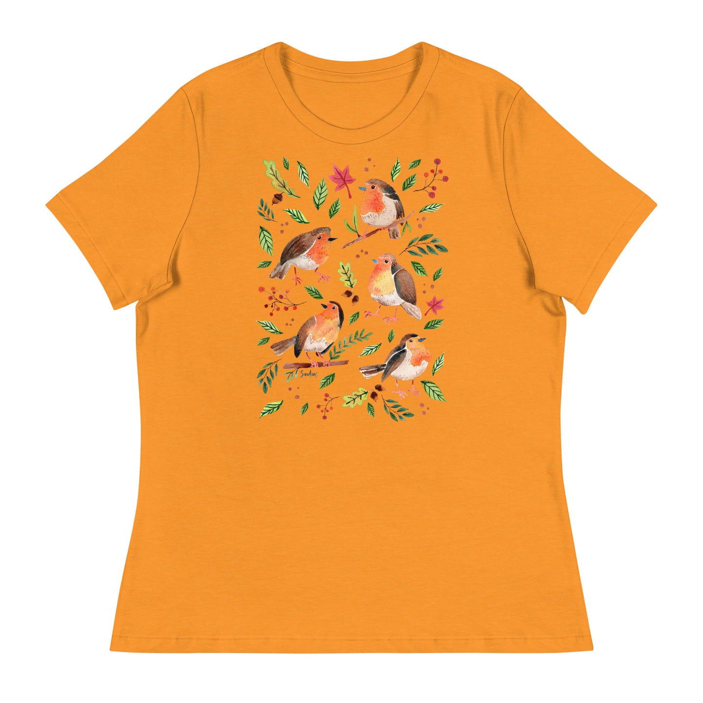 Women’s Relaxed T-Shirt – Robins Watercolor 🐦🍃 | Nature - Inspired Bird Illustration Tee - SANDRAAS