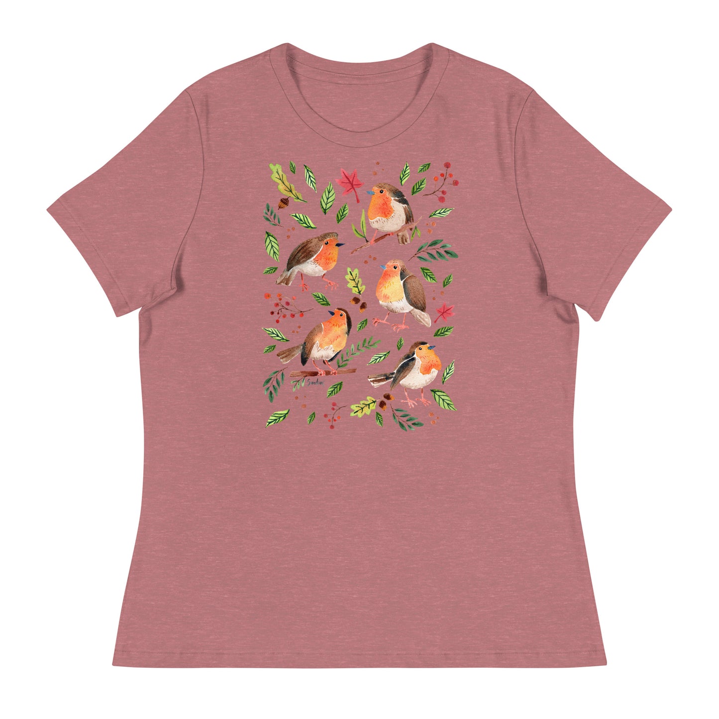 Women’s Relaxed T-Shirt – Robins Watercolor 🐦🍃 | Nature - Inspired Bird Illustration Tee - SANDRAAS
