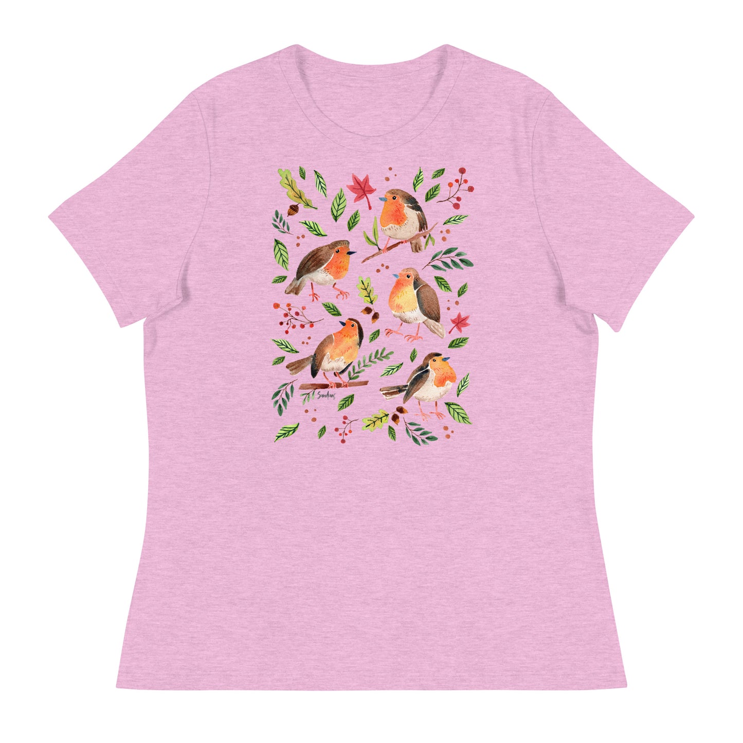 Women’s Relaxed T-Shirt – Robins Watercolor 🐦🍃 | Nature - Inspired Bird Illustration Tee - SANDRAAS