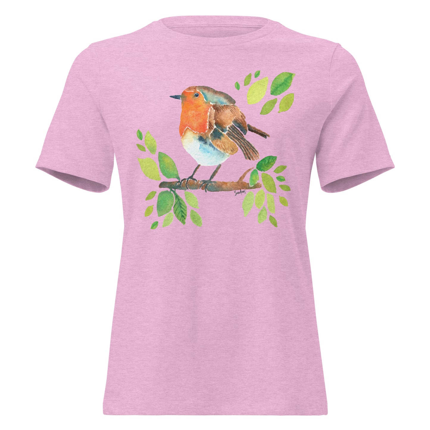 Women’s Relaxed T-Shirt – Watercolor Robin 🐦 | Nature - Inspired Bird Illustration Tee - SANDRAAS