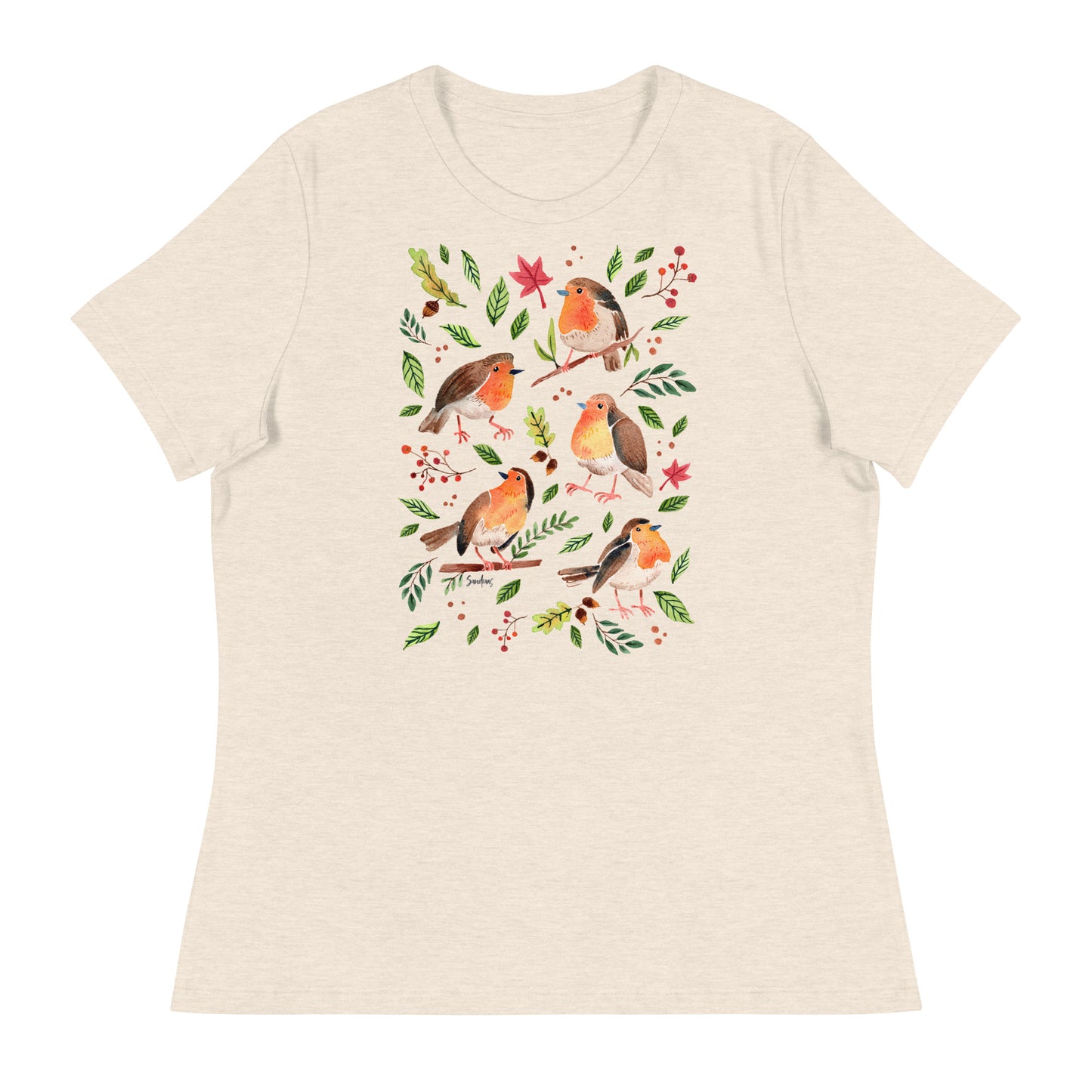 Women’s Relaxed T-Shirt – Robins Watercolor 🐦🍃 | Nature - Inspired Bird Illustration Tee - SANDRAAS