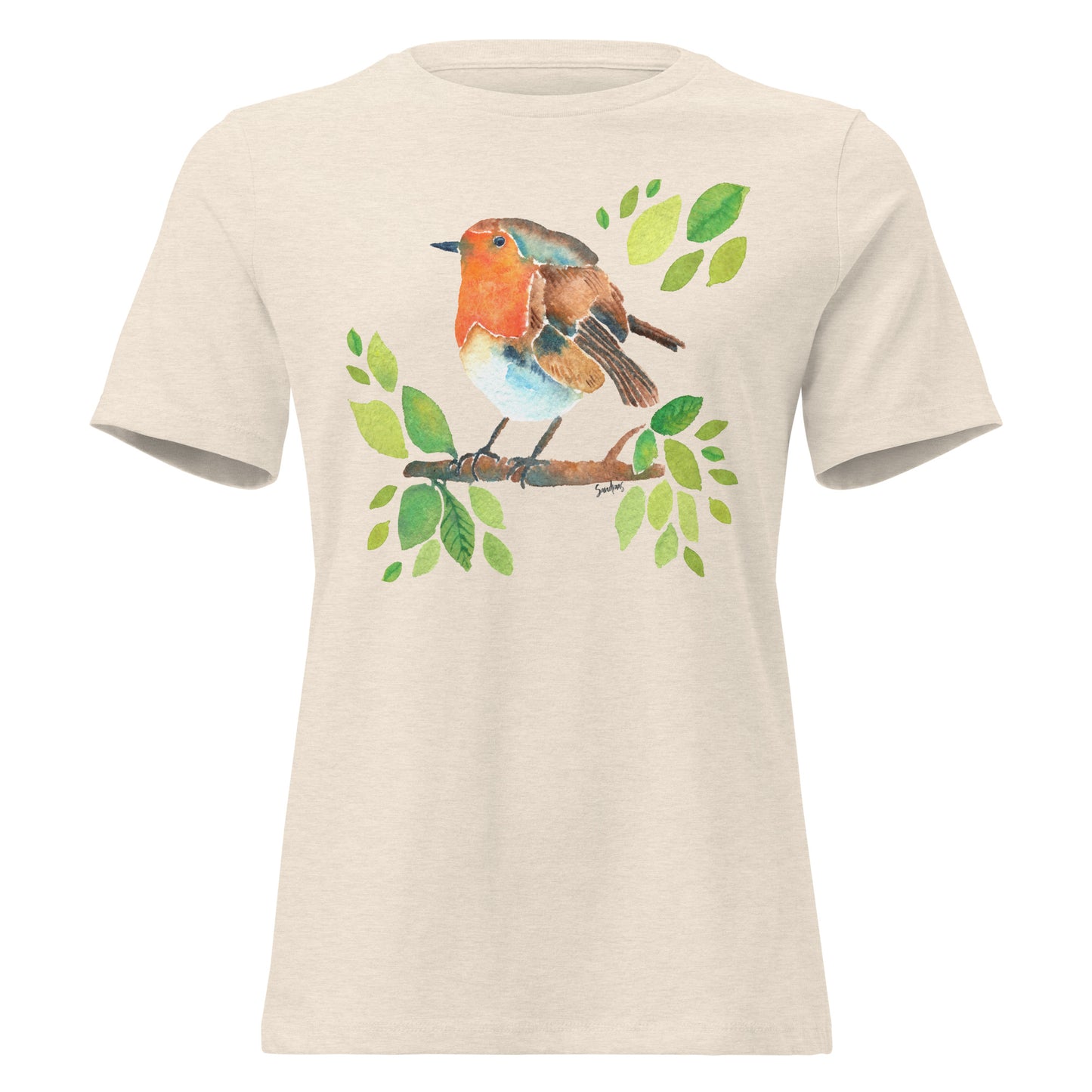 Women’s Relaxed T-Shirt – Watercolor Robin 🐦 | Nature - Inspired Bird Illustration Tee - SANDRAAS