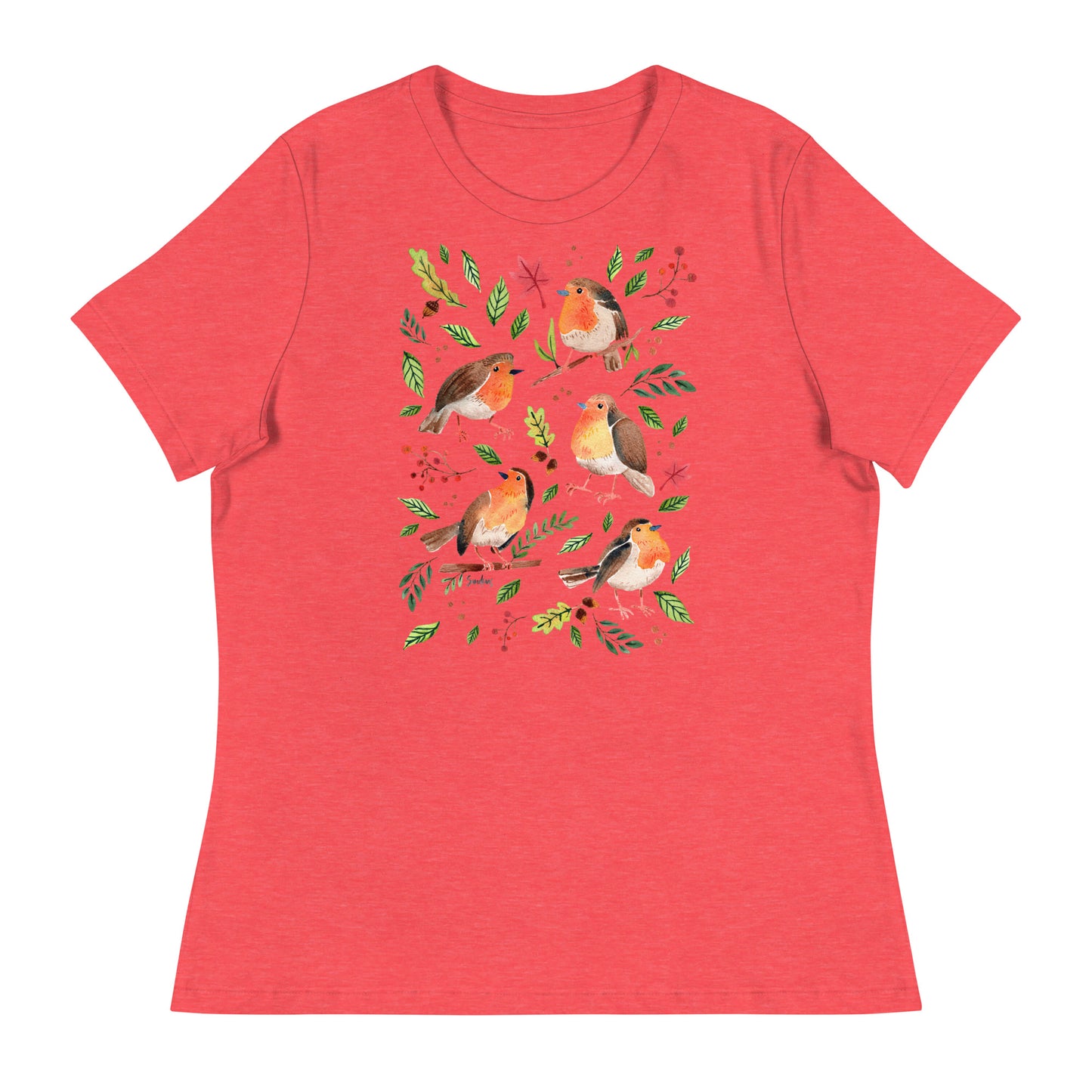 Women’s Relaxed T-Shirt – Robins Watercolor 🐦🍃 | Nature - Inspired Bird Illustration Tee - SANDRAAS