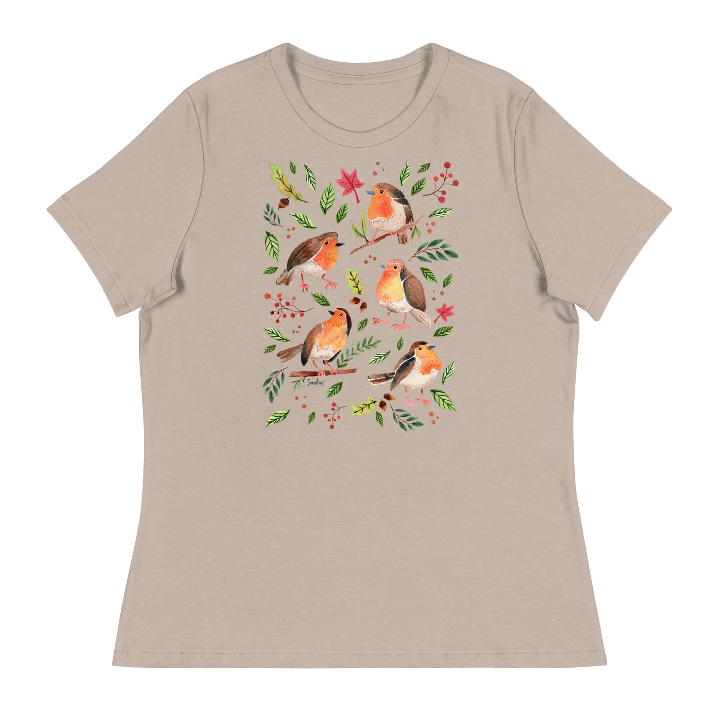 Women’s Relaxed T-Shirt – Robins Watercolor 🐦🍃 | Nature - Inspired Bird Illustration Tee - SANDRAAS