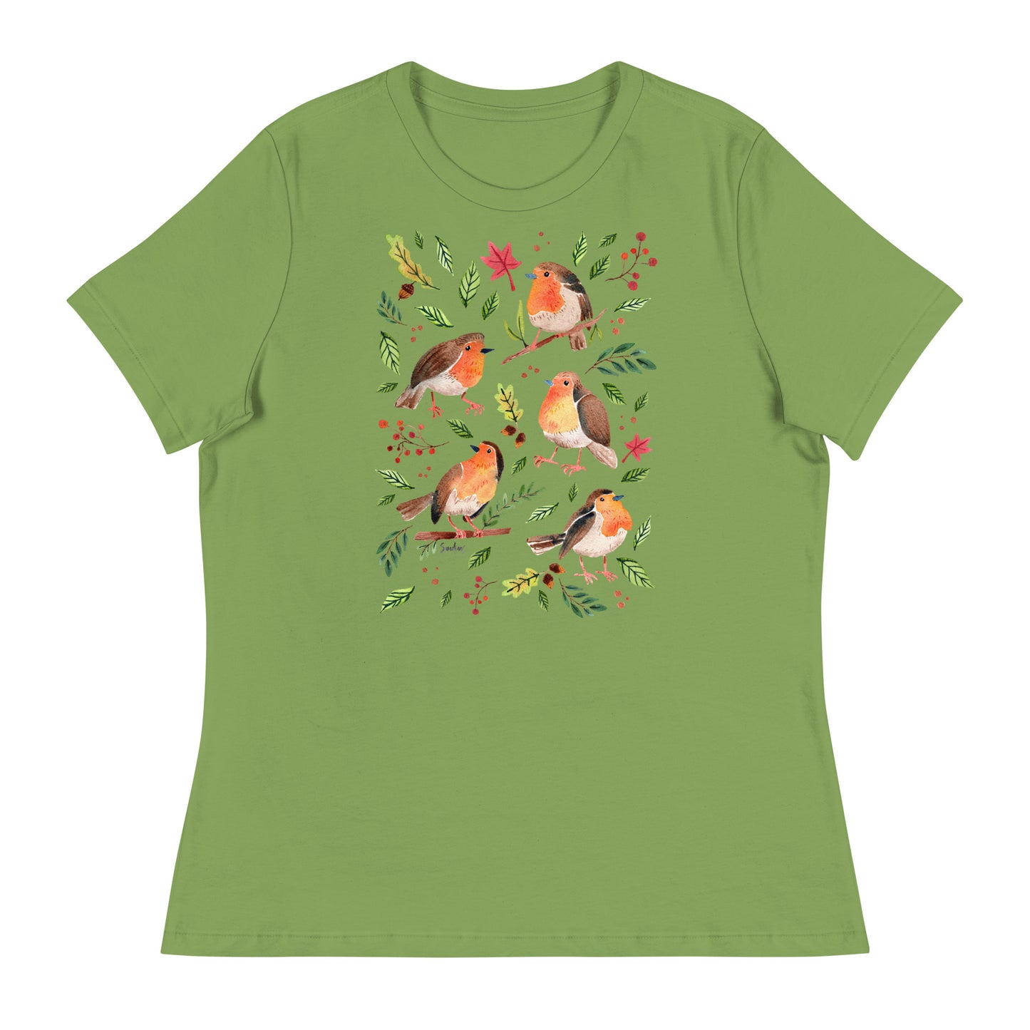 Women’s Relaxed T-Shirt – Robins Watercolor 🐦🍃 | Nature - Inspired Bird Illustration Tee - SANDRAAS