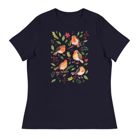 Women’s Relaxed T-Shirt – Robins Watercolor 🐦🍃 | Nature - Inspired Bird Illustration Tee - SANDRAAS
