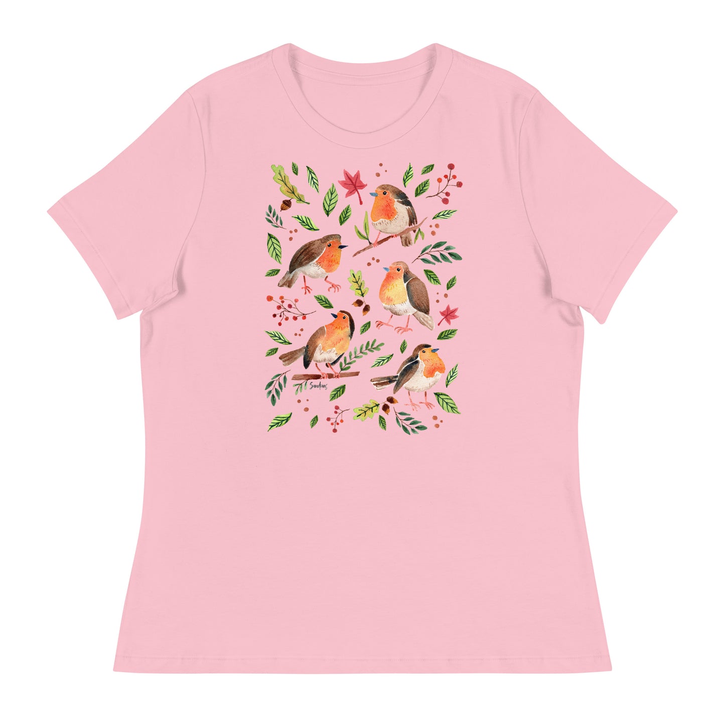 Women’s Relaxed T-Shirt – Robins Watercolor 🐦🍃 | Nature - Inspired Bird Illustration Tee - SANDRAAS
