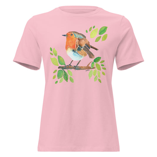 Women’s Relaxed T-Shirt – Watercolor Robin 🐦 | Nature - Inspired Bird Illustration Tee - SANDRAAS