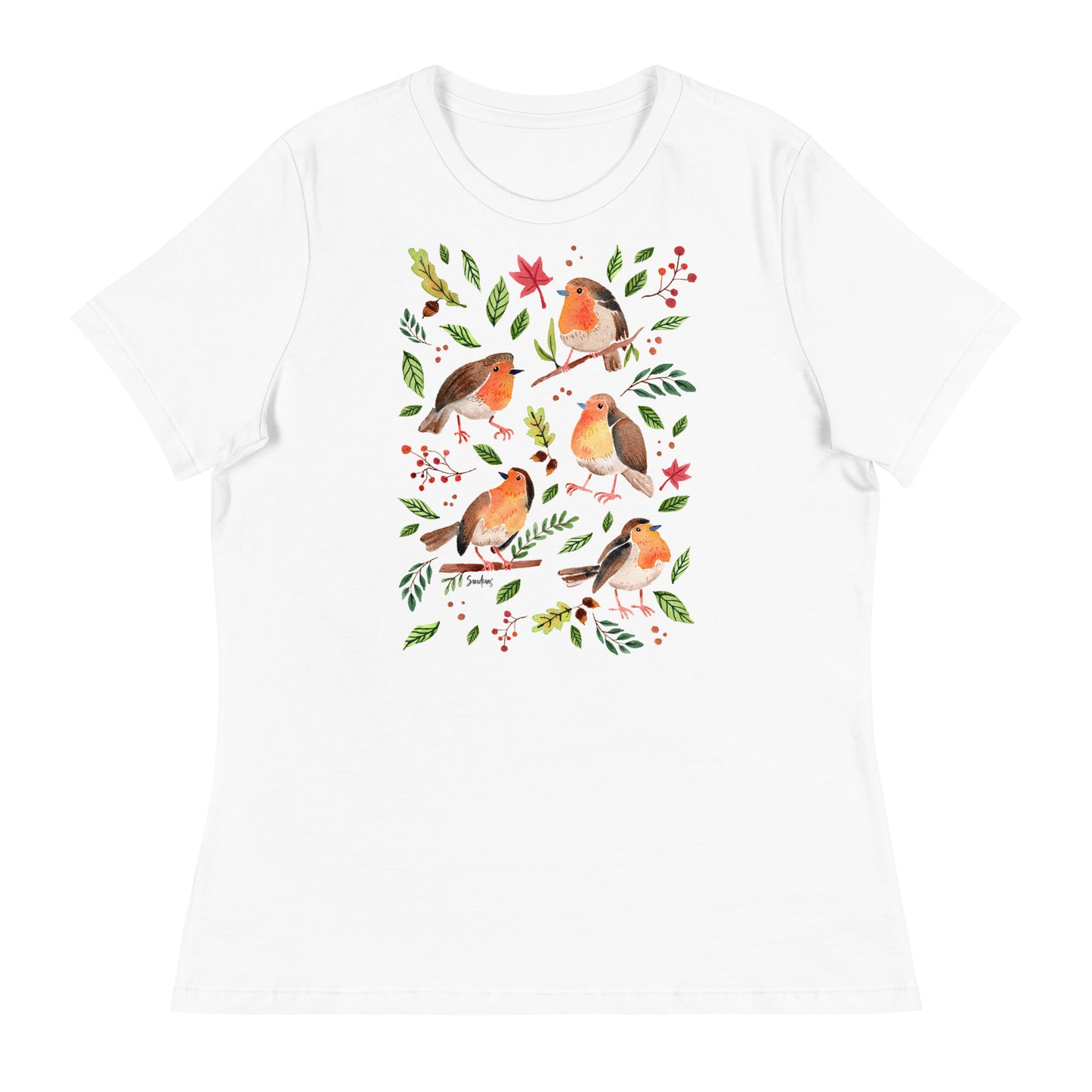 Women’s Relaxed T-Shirt – Robins Watercolor 🐦🍃 | Nature - Inspired Bird Illustration Tee - SANDRAAS
