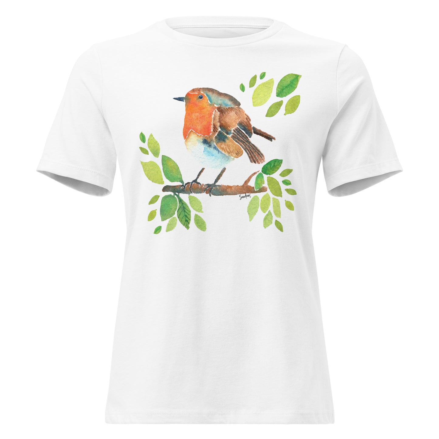 Women’s Relaxed T-Shirt – Watercolor Robin 🐦 | Nature - Inspired Bird Illustration Tee - SANDRAAS
