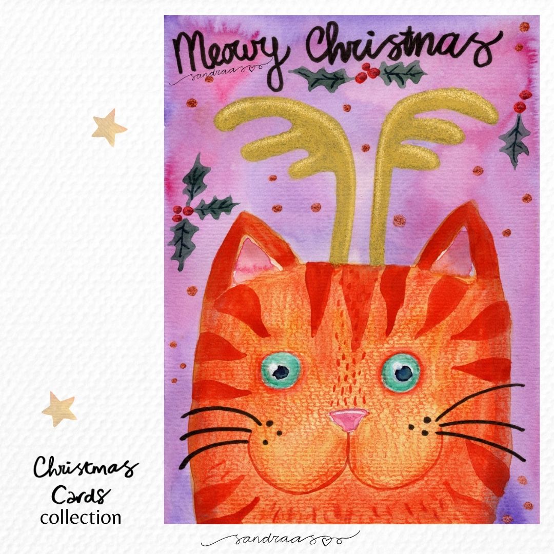 Christmas card - Whimsical Christmas Cat with Antlers