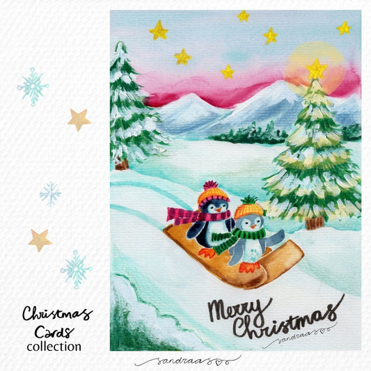 Christmas card - Sleighing Penguins