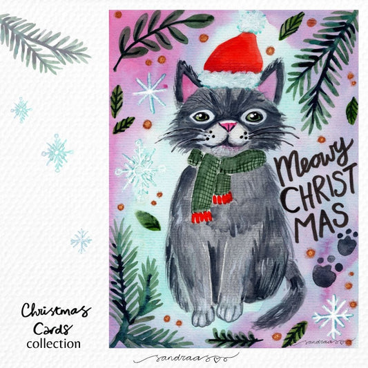 Christmas card - Grey Christmas Cat