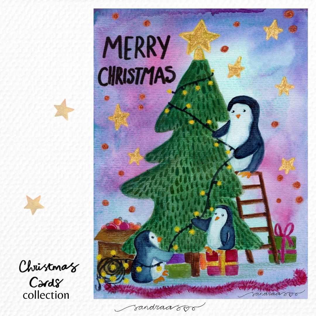 Christmas card - Penguins decorating a Christmas tree