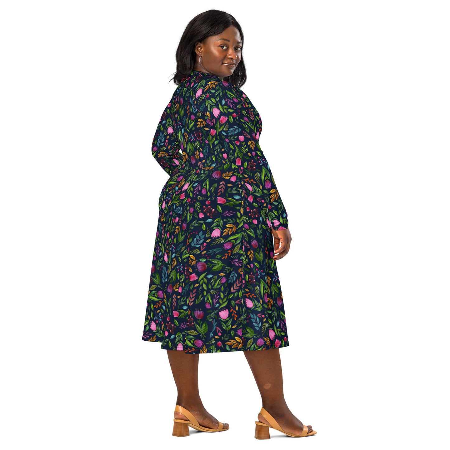 🌙 Bloom Boldly – Navy Floral Midi Dress with Pockets! 🌸
