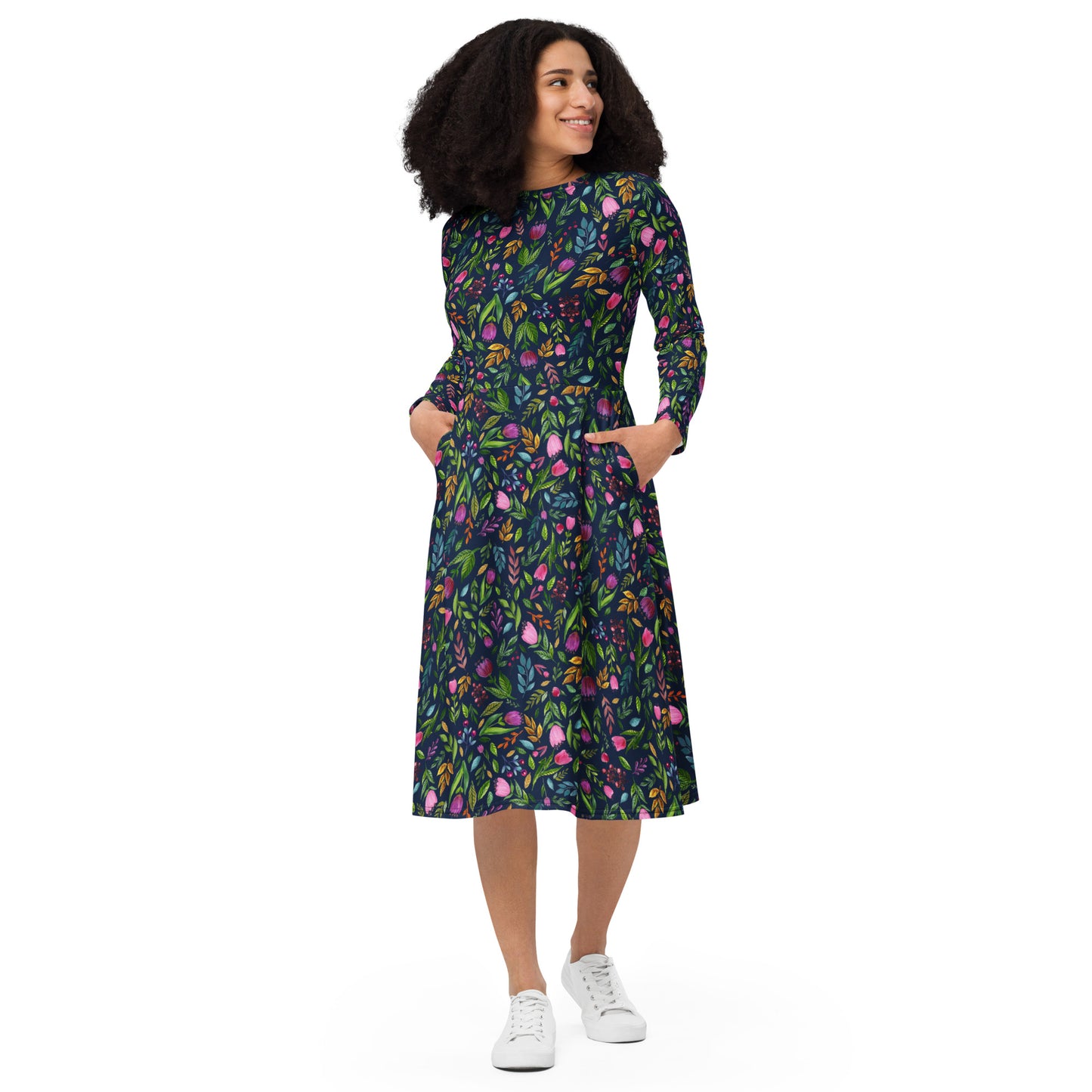 🌙 Bloom Boldly – Navy Floral Midi Dress with Pockets! 🌸
