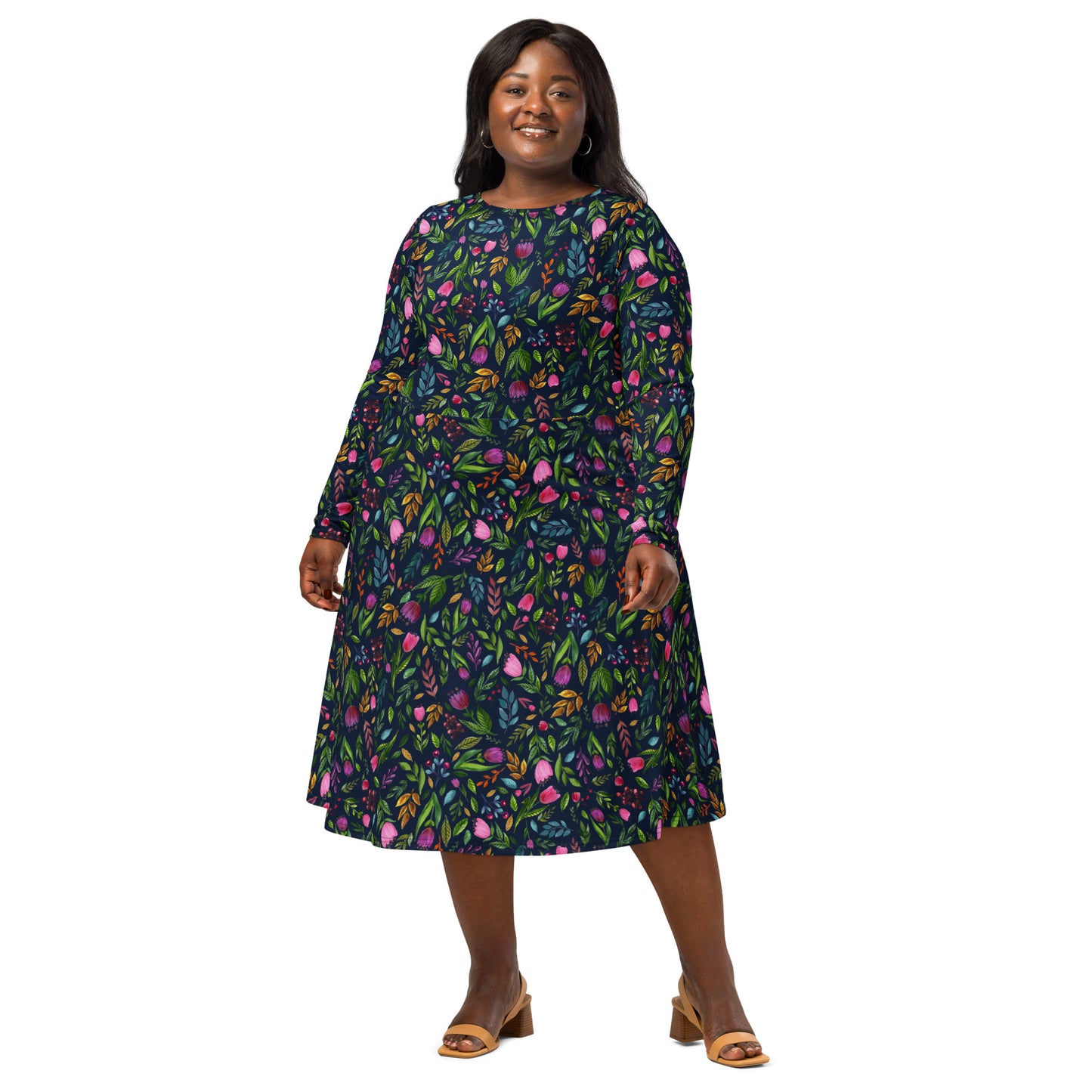 🌙 Bloom Boldly – Navy Floral Midi Dress with Pockets! 🌸
