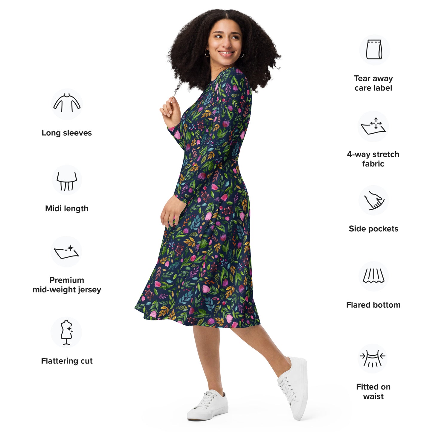 🌙 Bloom Boldly – Navy Floral Midi Dress with Pockets! 🌸