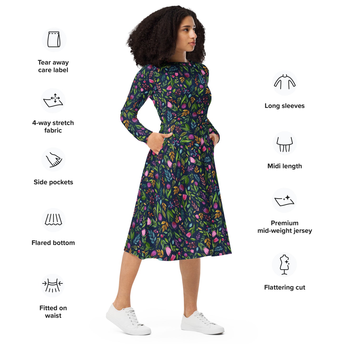 🌙 Bloom Boldly – Navy Floral Midi Dress with Pockets! 🌸