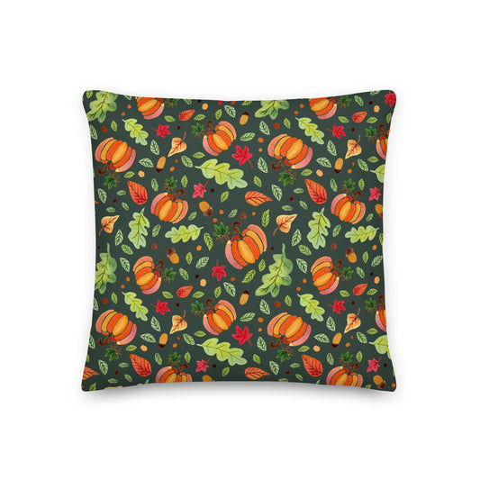 Premium Pillow - Dark Green Cozy Pumpkins