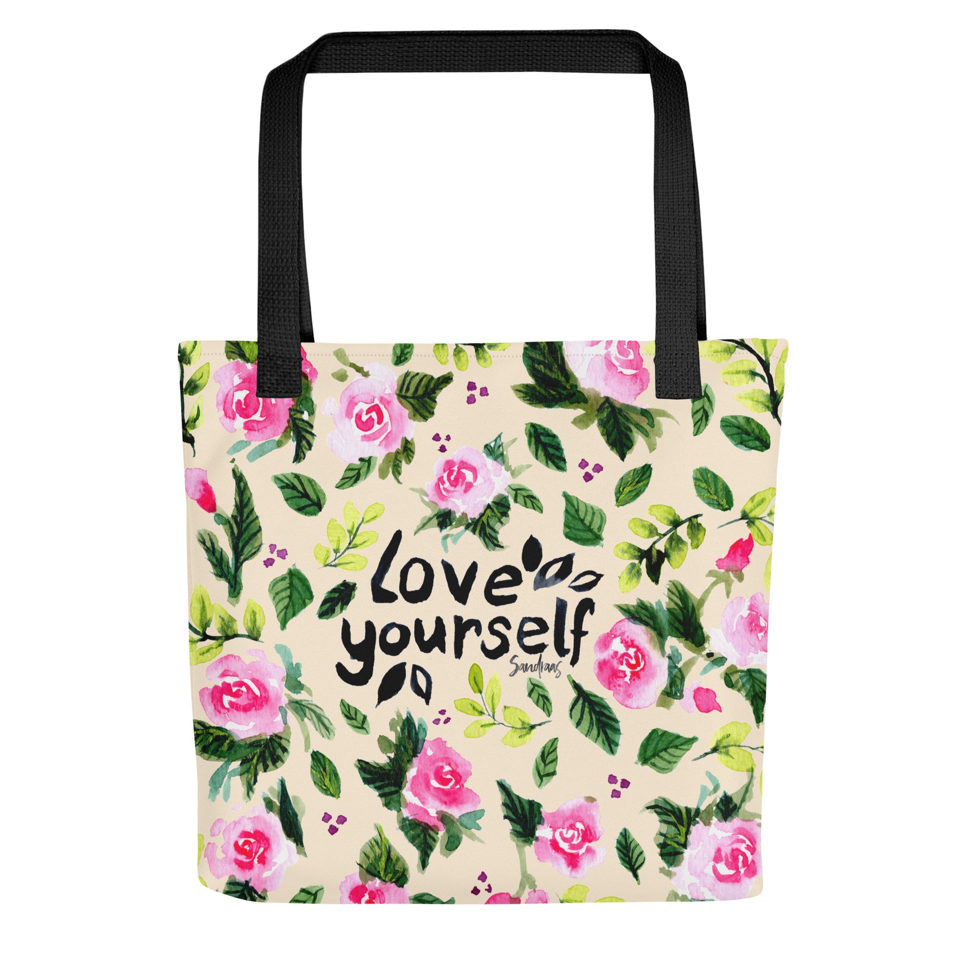 💛 “Love Yourself” Watercolor Floral Tote Bag – Soft Yellow Edition 🌿 - SANDRAAS