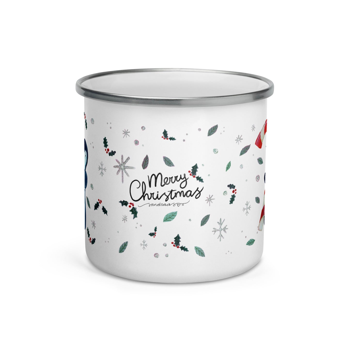 🎄 Whimsical Penguin Christmas Enamel Mug – Watercolor “Merry Christmas” Candy Cane Camper Mug 🐧✨ - SANDRAAS