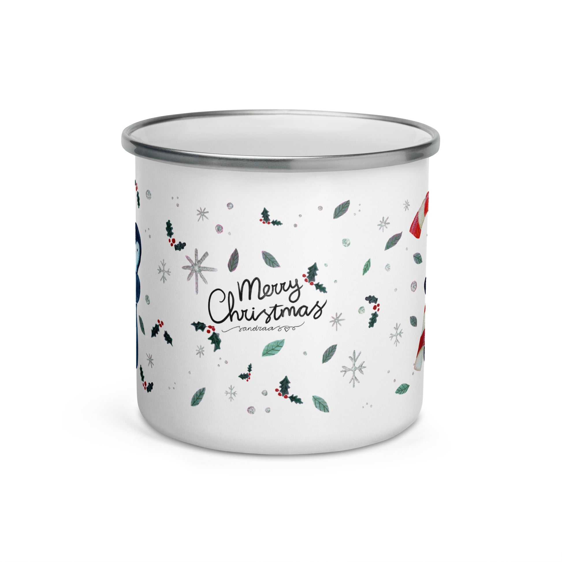 🎄 Whimsical Penguin Christmas Enamel Mug – Watercolor “Merry Christmas” Candy Cane Camper Mug 🐧✨ - SANDRAAS