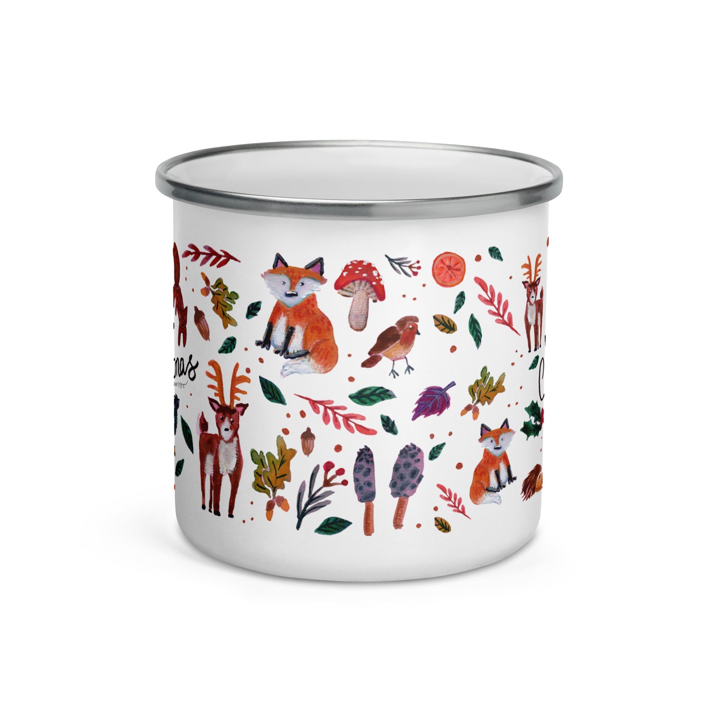 🎄 Woodland Christmas Enamel Camper Mug – Whimsical Watercolor Animals & Nature “Merry Christmas” Mug 🌲🦊🍄✨ - SANDRAAS