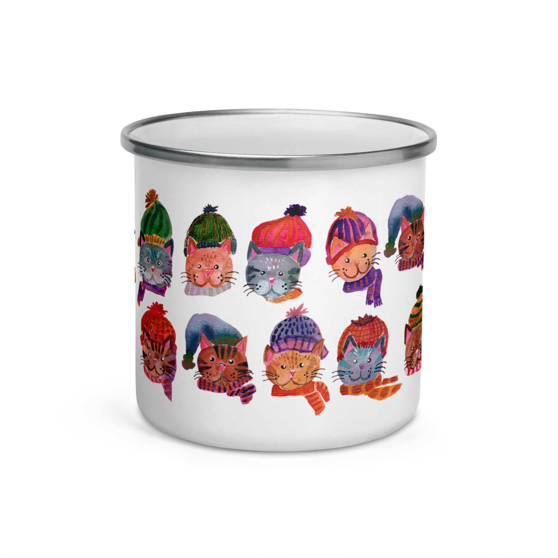 🎄 Cozy Christmas Cats Enamel Camper Mug – Watercolor Cats in Knitted Hats & Shawls 🐱🧣✨ - SANDRAAS