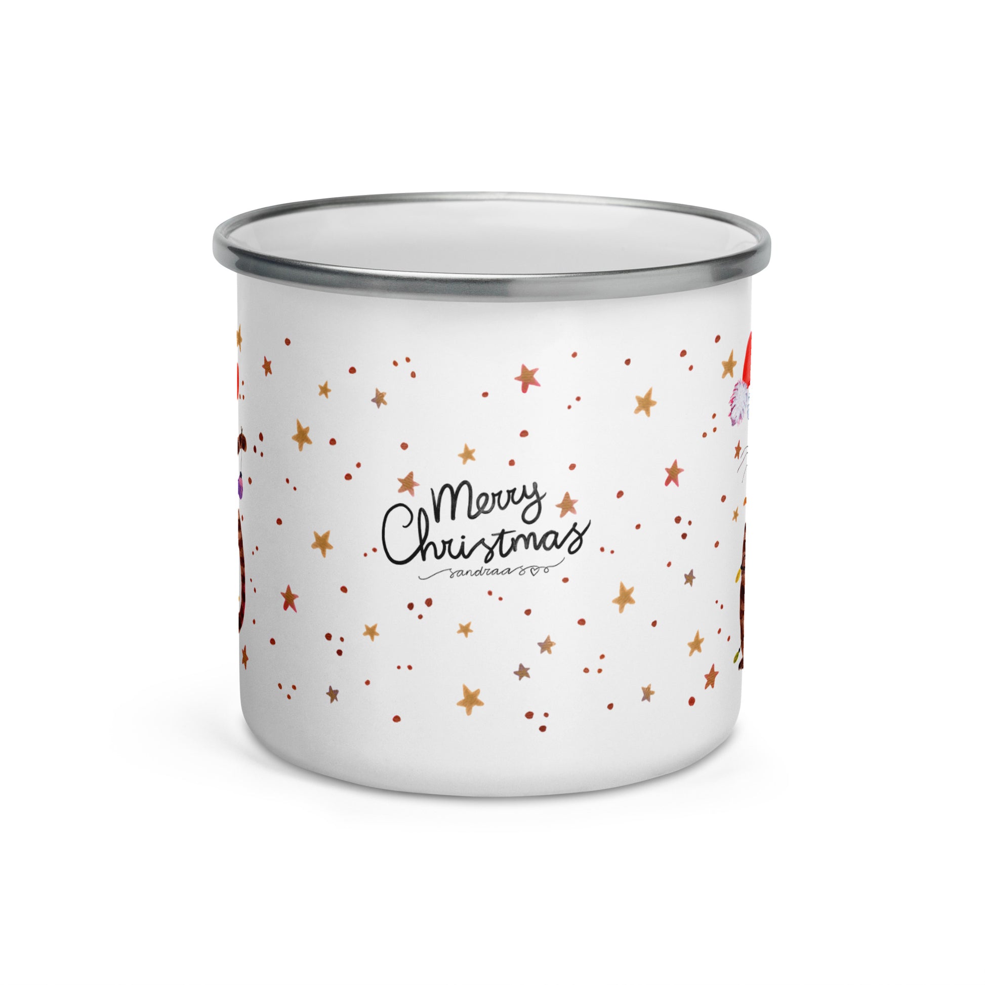🎄 Whimsical Christmas Cat Enamel Camper Mug – Watercolor Cat in Santa Hat Wrapped in Lights 🐱✨ “Merry Christmas” - SANDRAAS