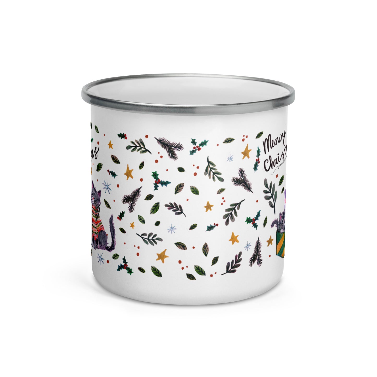 🎄 Meowy Christmas Enamel Camper Mug – Whimsical Watercolor Cats in Sweaters & Gift Boxes 🐱🎁✨ - SANDRAAS