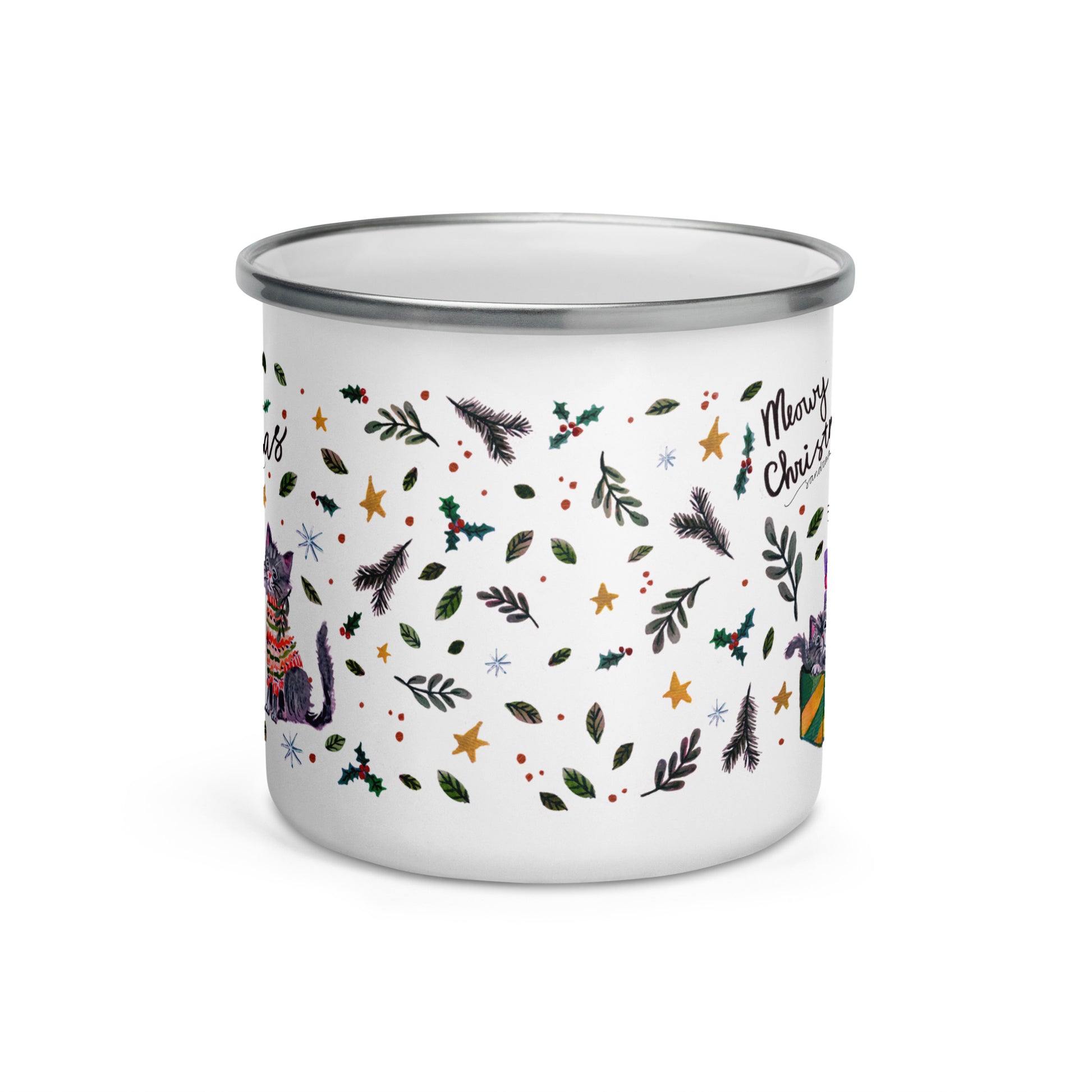 🎄 Meowy Christmas Enamel Camper Mug – Whimsical Watercolor Cats in Sweaters & Gift Boxes 🐱🎁✨ - SANDRAAS