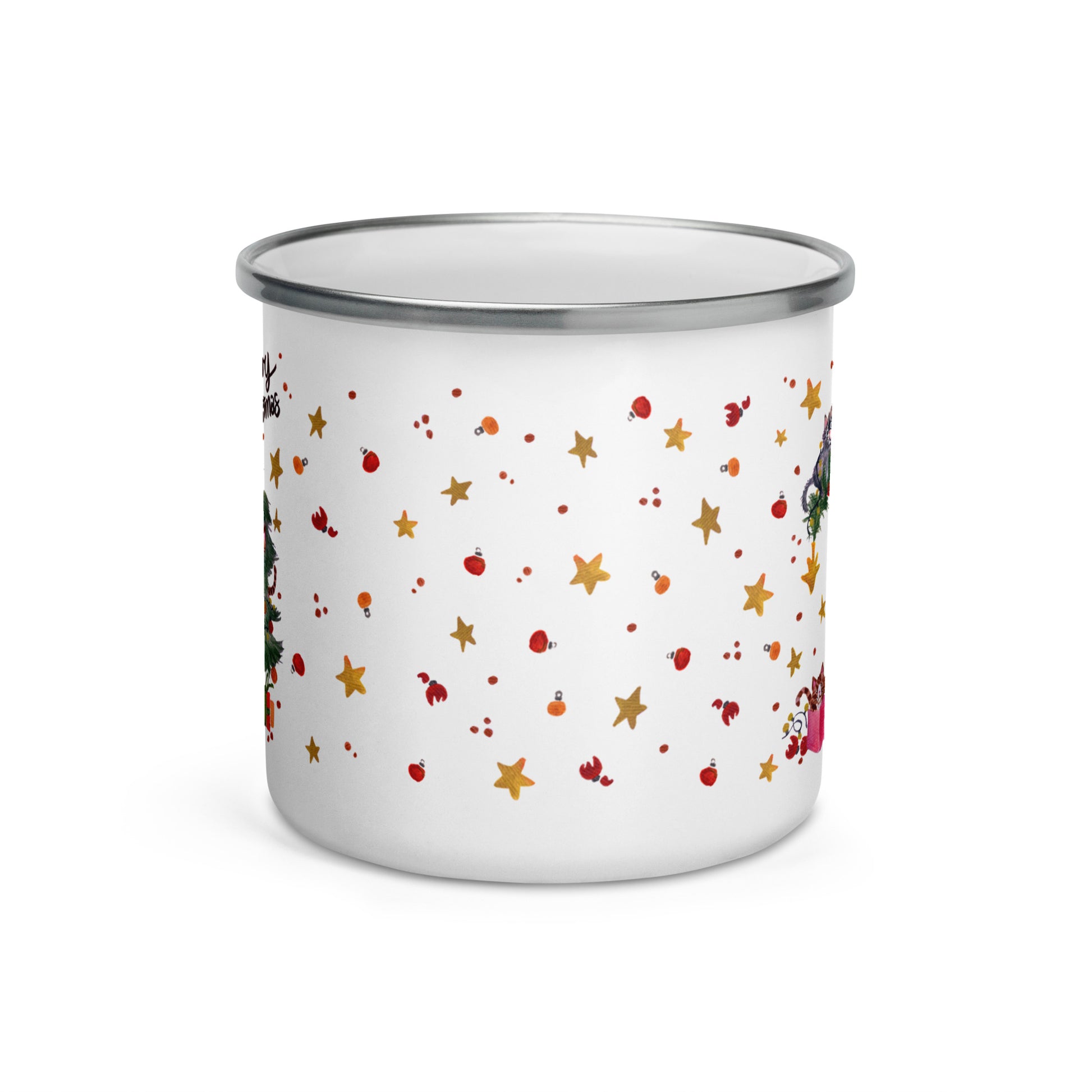 🎄 Meowy Christmas Enamel Camper Mug – Watercolor Whimsical Cats Climbing the Christmas Tree 🐱🌲✨ - SANDRAAS