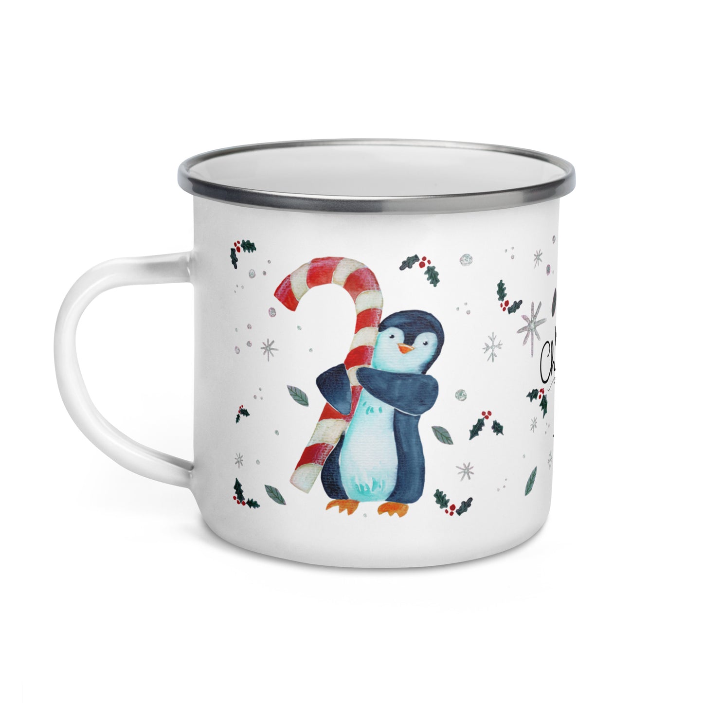 🎄 Whimsical Penguin Christmas Enamel Mug – Watercolor “Merry Christmas” Candy Cane Camper Mug 🐧✨ - SANDRAAS