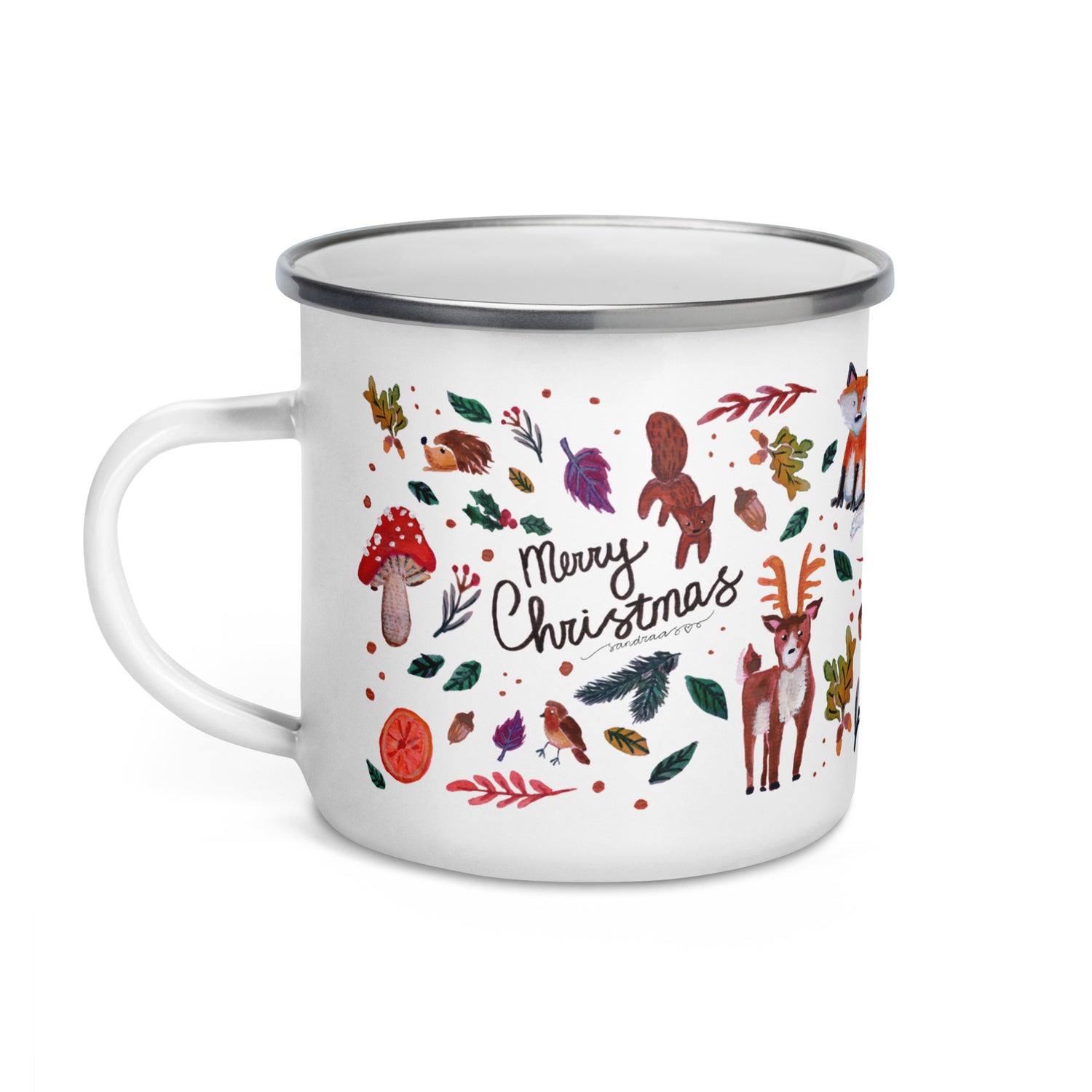 🎄 Woodland Christmas Enamel Camper Mug – Whimsical Watercolor Animals & Nature “Merry Christmas” Mug 🌲🦊🍄✨ - SANDRAAS