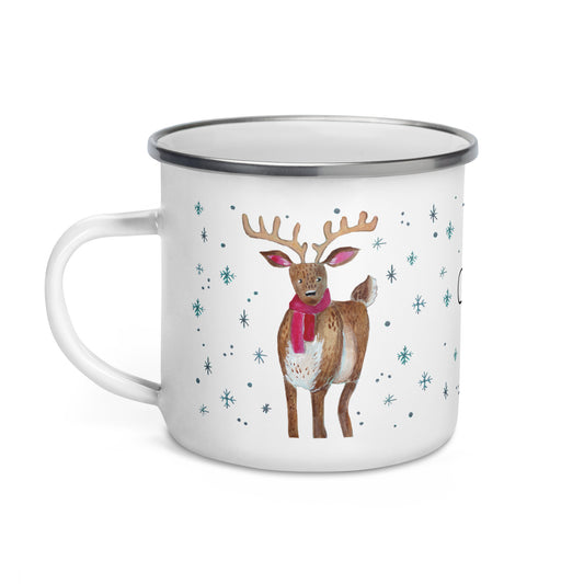 🎄 Whimsical Deer Christmas Enamel Camper Mug – Watercolor “Merry Christmas” Deer in Cozy Shawl 🦌✨ - SANDRAAS