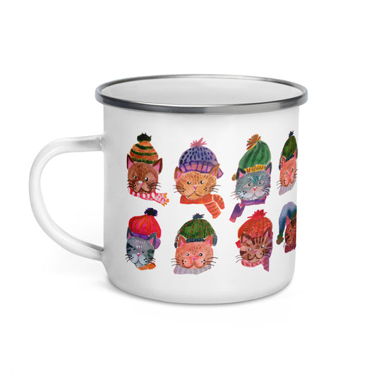 🎄 Cozy Christmas Cats Enamel Camper Mug – Watercolor Cats in Knitted Hats & Shawls 🐱🧣✨ - SANDRAAS