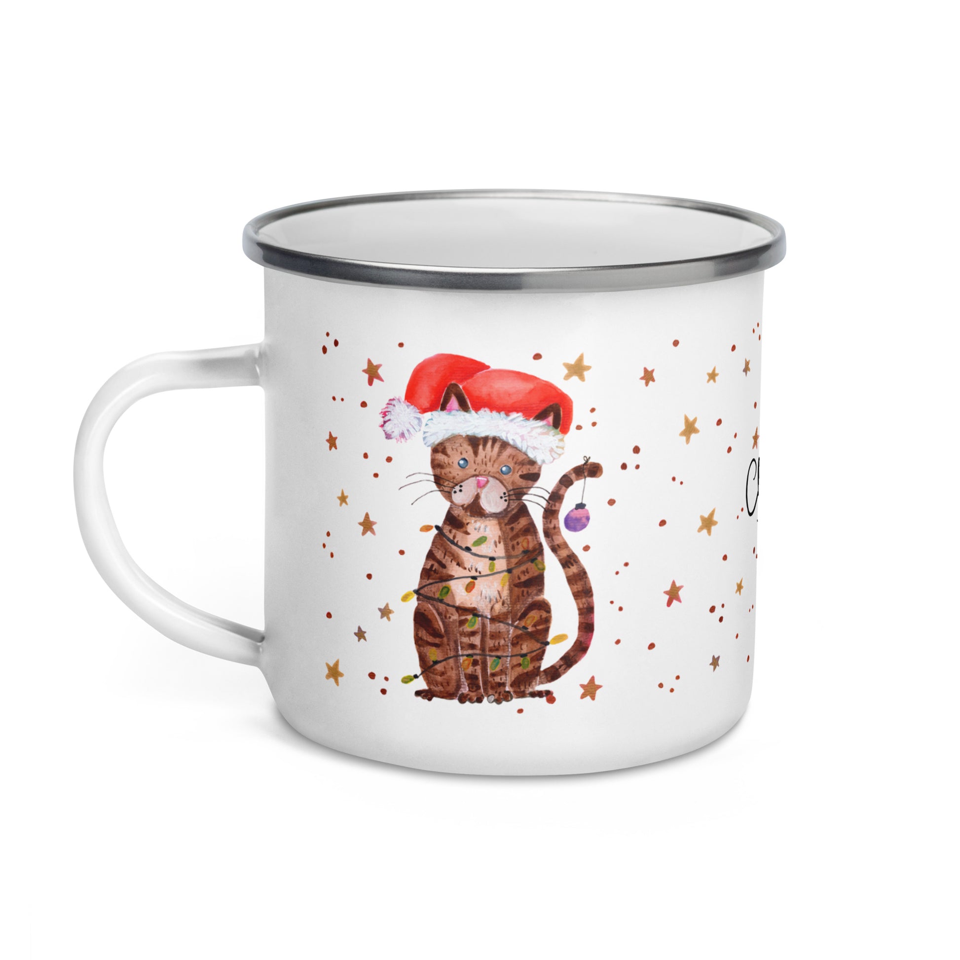 🎄 Whimsical Christmas Cat Enamel Camper Mug – Watercolor Cat in Santa Hat Wrapped in Lights 🐱✨ “Merry Christmas” - SANDRAAS
