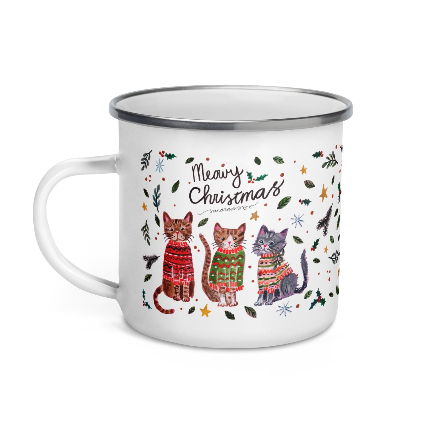 🎄 Meowy Christmas Enamel Camper Mug – Whimsical Watercolor Cats in Sweaters & Gift Boxes 🐱🎁✨ - SANDRAAS
