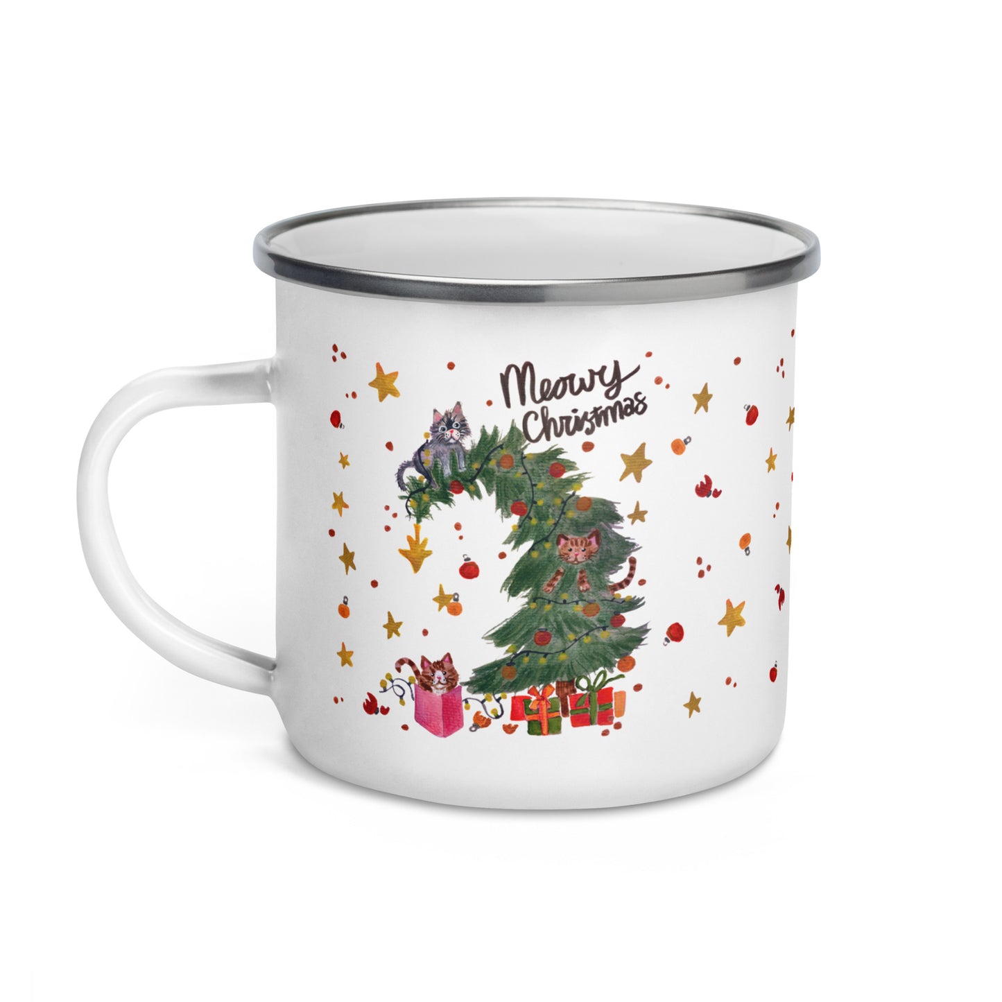 🎄 Meowy Christmas Enamel Camper Mug – Watercolor Whimsical Cats Climbing the Christmas Tree 🐱🌲✨ - SANDRAAS
