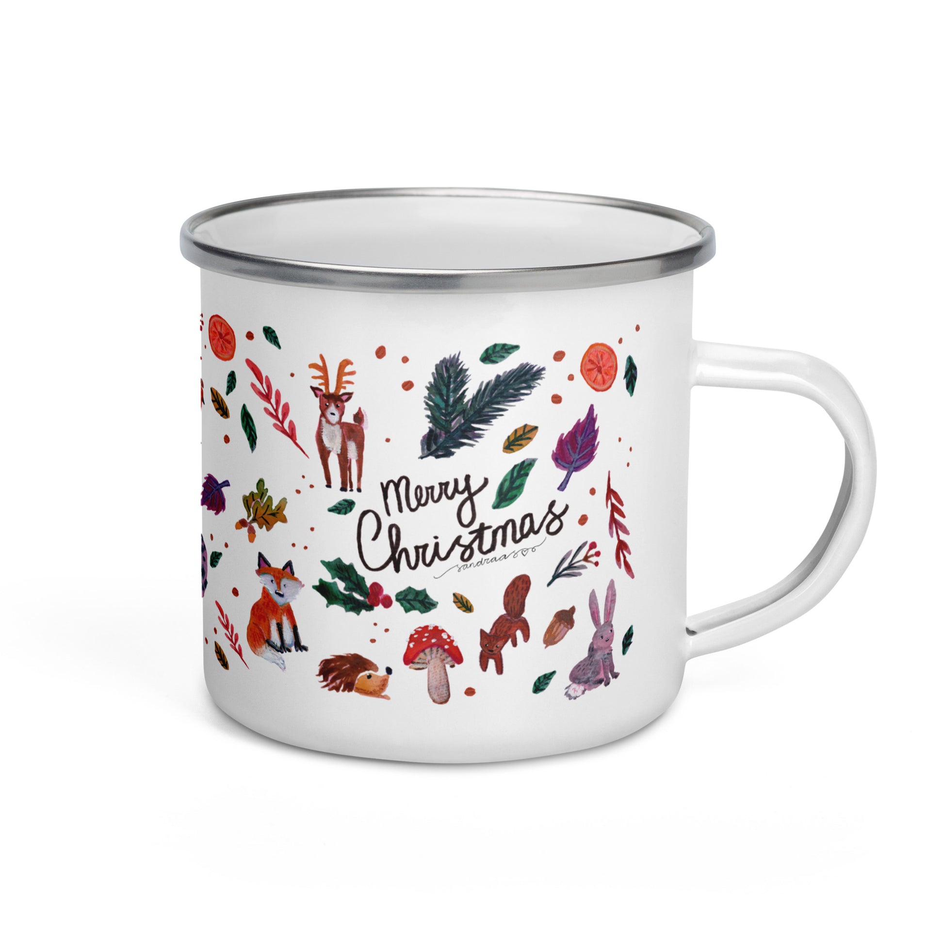🎄 Woodland Christmas Enamel Camper Mug – Whimsical Watercolor Animals & Nature “Merry Christmas” Mug 🌲🦊🍄✨ - SANDRAAS